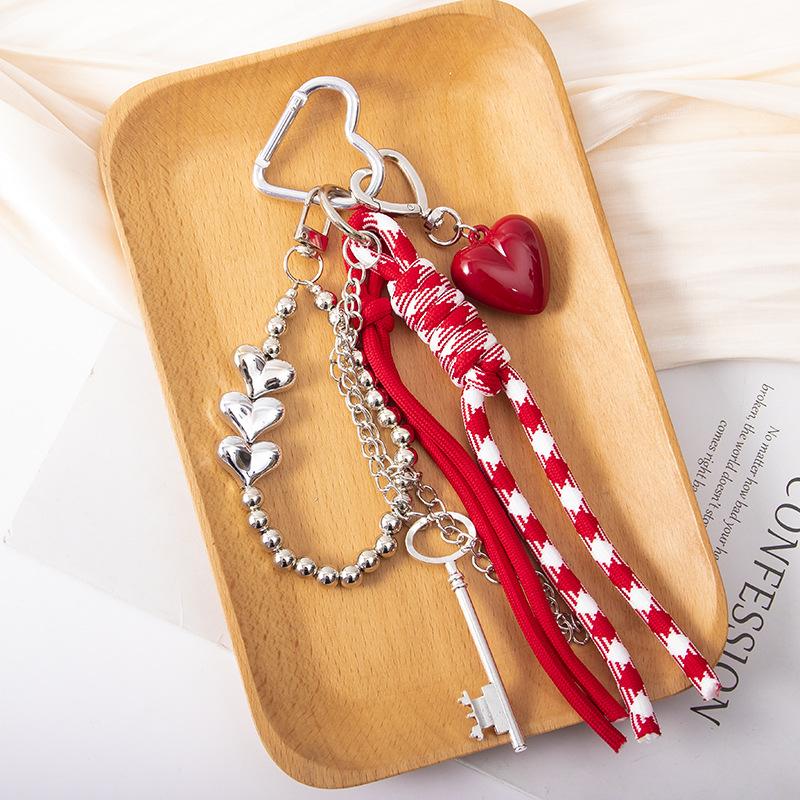 Red And White Plaid Rope Bag Charm With Or Bow Pendant Silver Beaded Chain And Tassel Design For Backpack Decor Daily Use Bag Charm
