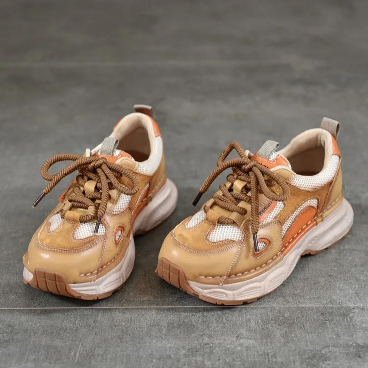 Johnature Genuine Leather Sports Style Casual Women's Shoes Mixed Colors Lightweight Sole Lace Up Sneakers