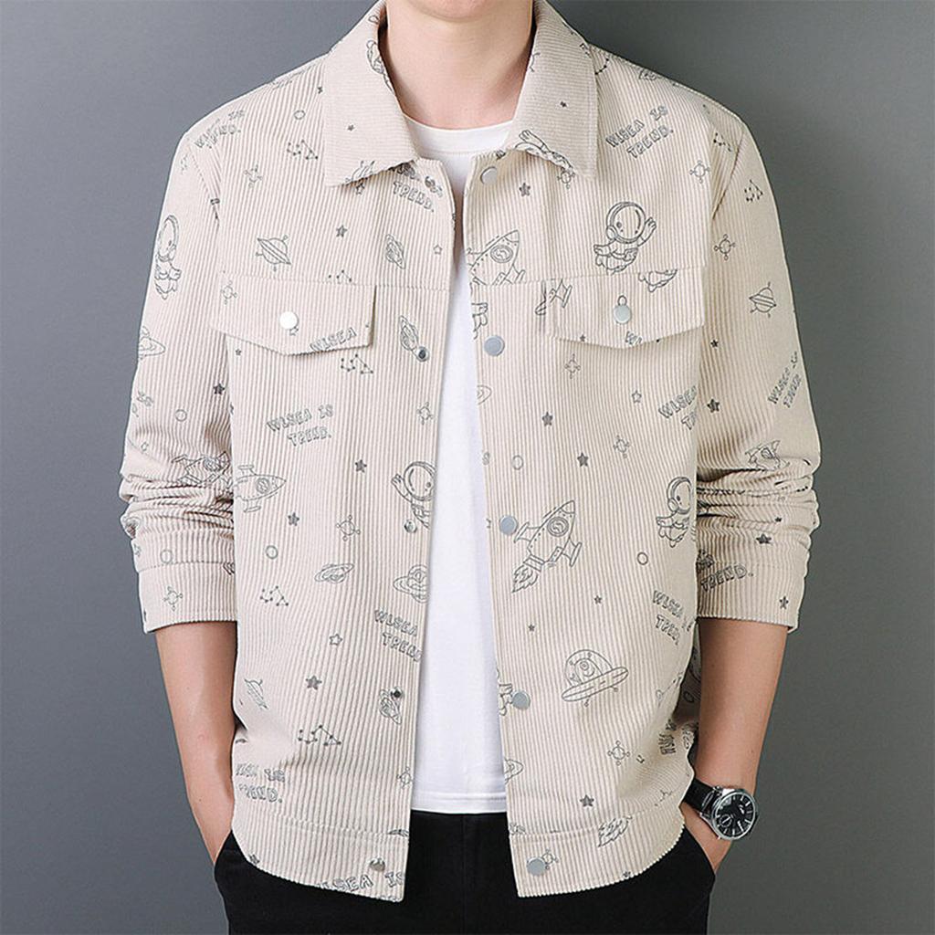 Men's Corduroy Lapel Space Print Jacket Casual Comfortable Mature Style Coat