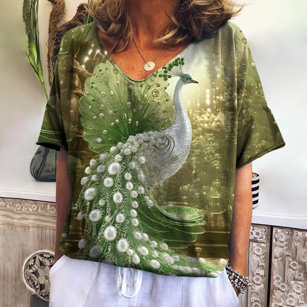 Summer Women's Clothing T-Shirt V-Neck Short Sleeve Oversize Tshirts Animals Casual Tops Fashions Woman Pullover 2024 Streetwear