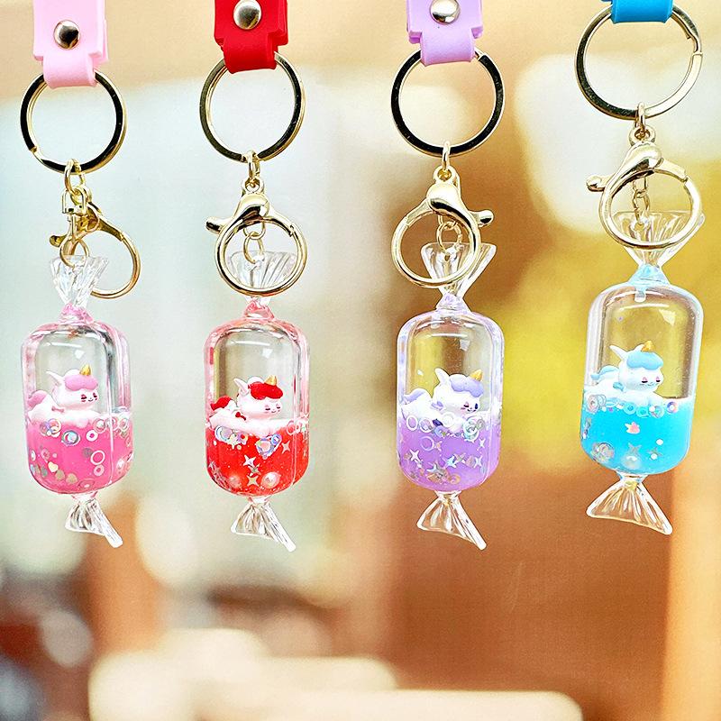Cartoon Oil Unicorn Floating Bottle Acrylic Keychain Girl Cute Pony Quicksand Ball Pendant Bag Pendant