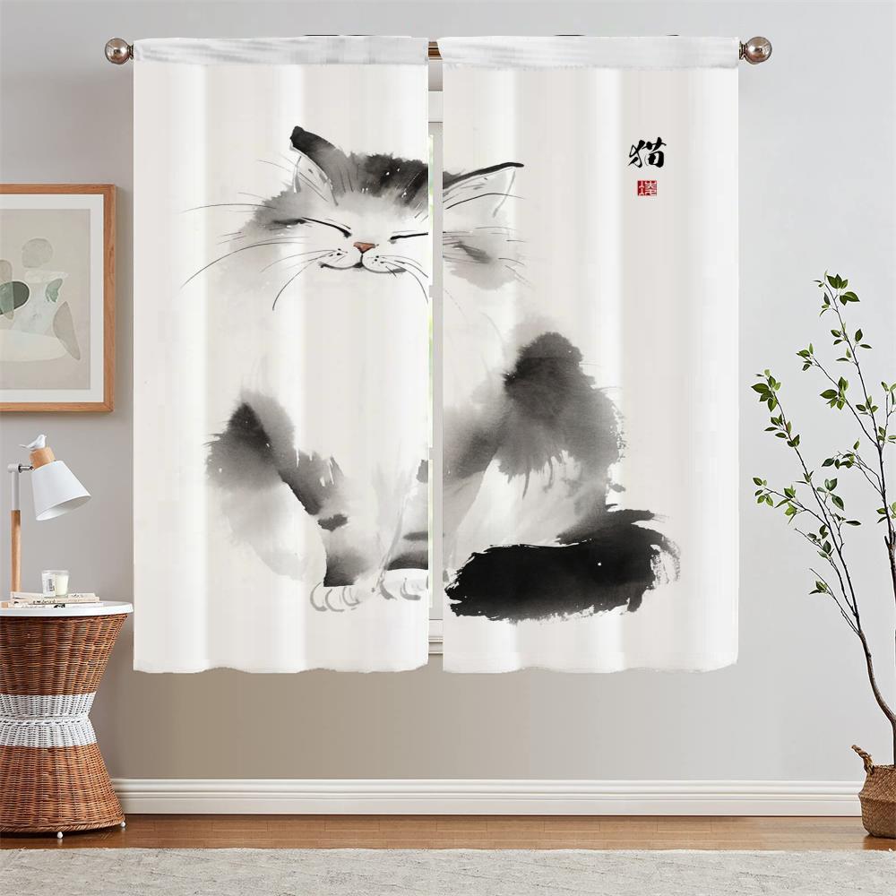 White Curtains for Living Room Ink Cat Painting Curls Kitchen Curtain Tiebacks Short Window Curtains 2 Pcs Set Partition Blinds
