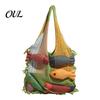 Boho Fashion Bag 3D Fish Knitted Tote, Patchwork Shoulder with Tassels, Practical Sundries Colorful Women Purse for Daily Commuting Travel Shopping