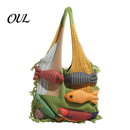 Boho Fashion Bag 3D Fish Knitted Tote, Patchwork Shoulder with Tassels, Practical Sundries Colorful Women Purse for Daily Commuting Travel Shopping