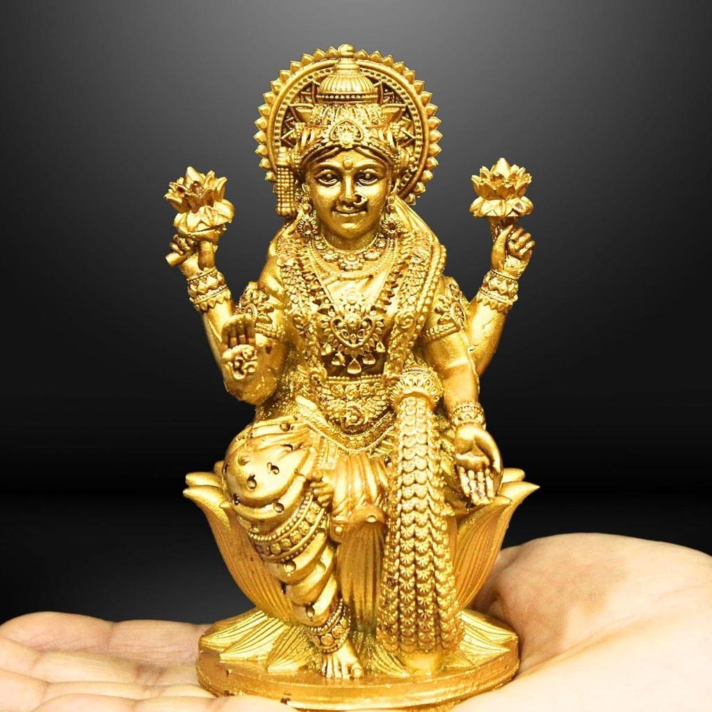 Goddess Lakshmi Laxmi Devi MATA Idol - 4.5 Inches Polystone Material Murti - Colour - Brass, Silver – Perfect Statue for Car Dashboard