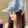 Hole Washed Denim Flat Top Hat Women'S Spring Summer Face Small Versatile Equestrian Hat Big Head Circumference Flat Top Cap