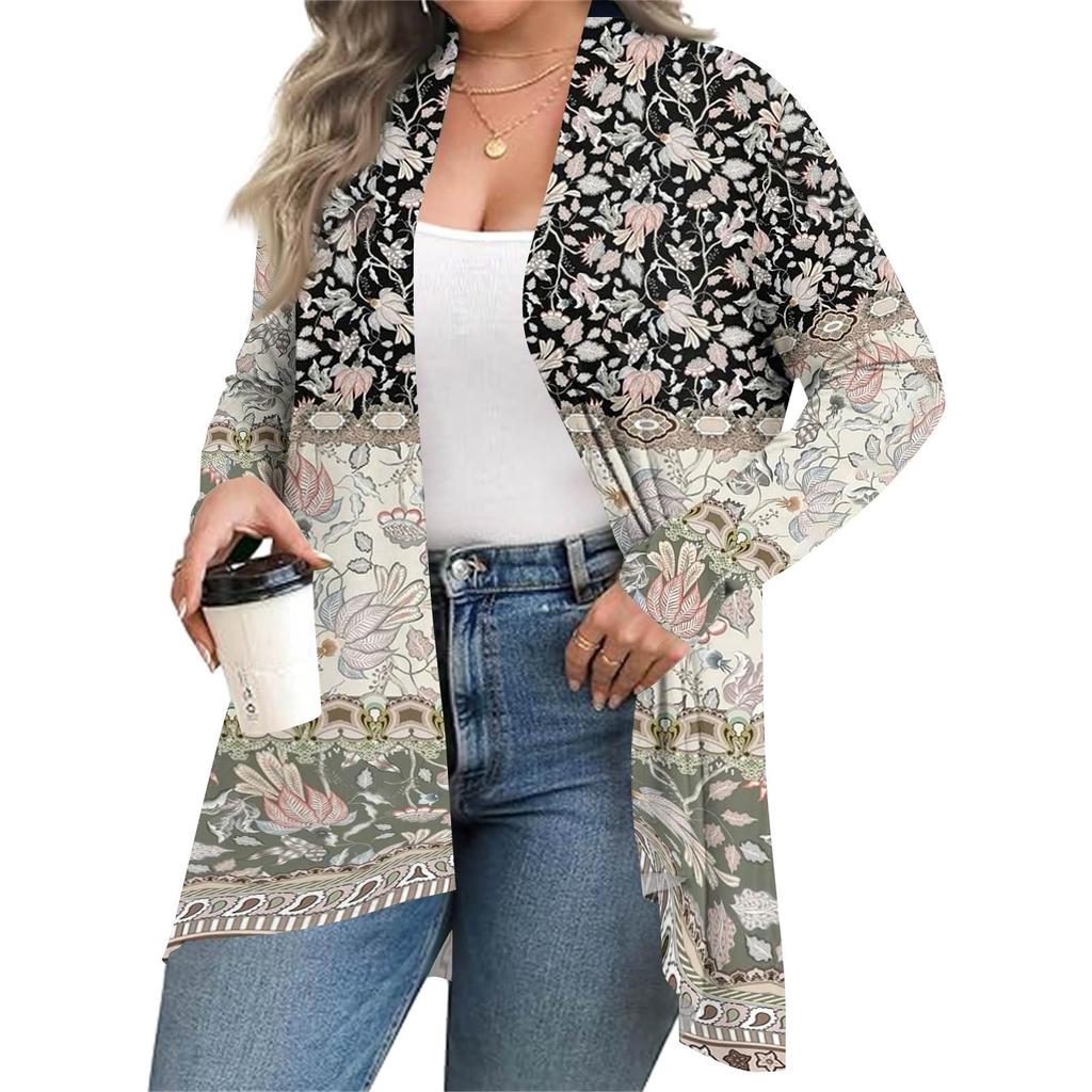 Damen Herbst- und Wintermode Lässiger Print Langarm Mittellange Strickjacke Jacke