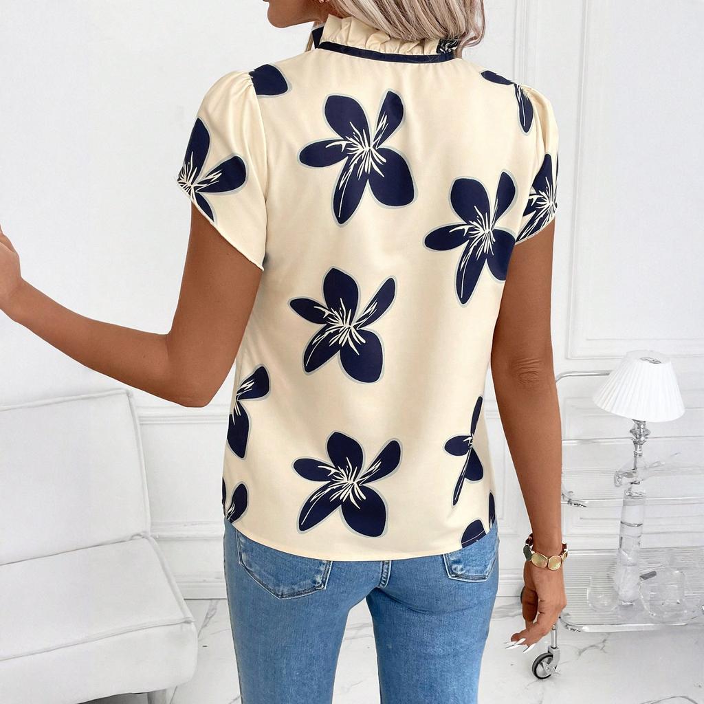 Women's Fashionable Versatile Temperament Pleated Round Neck Strap Printed Short Sleeved Top