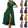 Sexy V-Ausschnitt Wickel Taille Maxikleid Damen Sommer Mode A-Linie Seitenschlitz Lang Freizeitkleid Bequem Unifarben Kurzarm