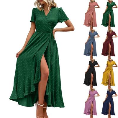 Sexy V-Ausschnitt Wickel Taille Maxikleid Damen Sommer Mode A-Linie Seitenschlitz Lang Freizeitkleid Bequem Unifarben Kurzarm