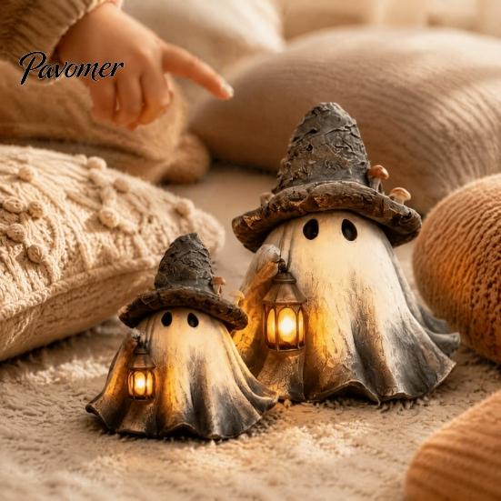 Vintage Herbst-Dekorationszubehör Halloween Geist Zaubererhut Harzfigurine mit LED-Laterne, Hexe Einzigartiges Feiertags-Sammlerstück Hält Lampenstatue,