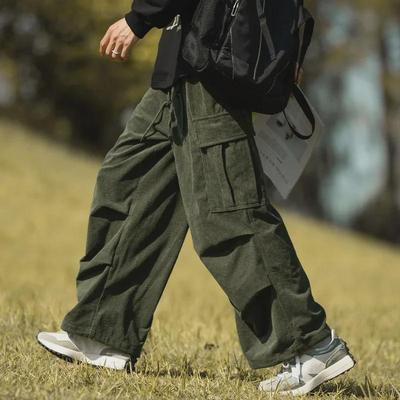 Men's Casual Trendy Army Green Corduroy Overalls - Autumn & Winter Wide-Leg Trousers