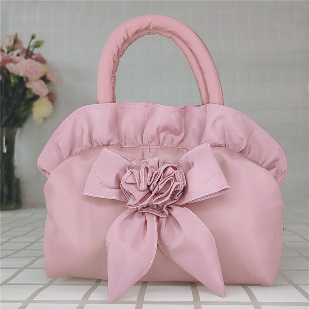 1pc Women's Floral Bow Handbag - Medium Zipper Closure Summer Tote, Durable Polyester with Spacious Interior, Hand Wash/Dry Clean