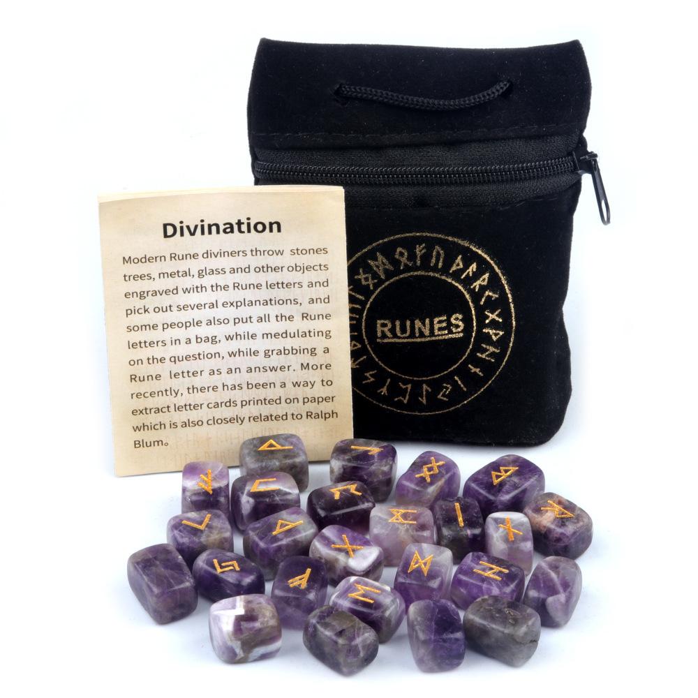 Runes Natural Crystal Agate Stones Rune Inscriptions Engravings Polished Semi-Precious Stones 25 Pieces Cloth Bag DIY One Size