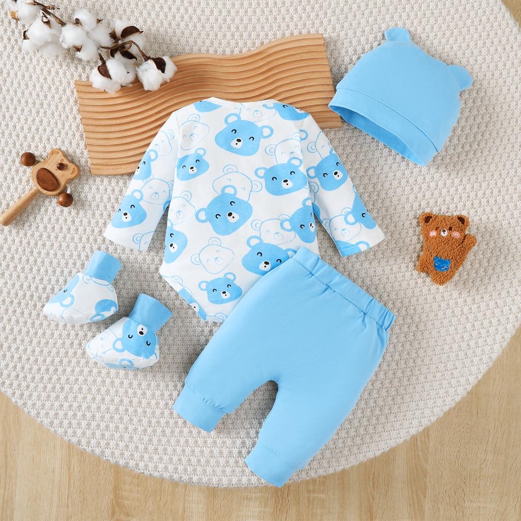 Moda 4 Colori 0-9 Mesi Neonato Orsetto Set Completo 4 Pezzi Autunno Tuta a Manica Lunga+Pantaloni+Cappello+Calzini Tuta Casual per Bambino Vestiti Regalo