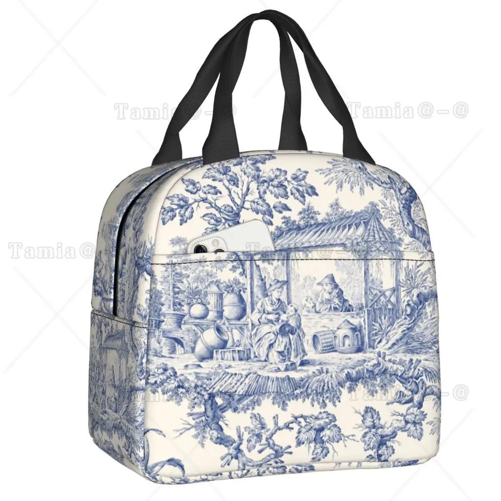 French Toile De Jouy Navy Blue Motif Pattern Thermal Insulated Lunch Bag Lunch Container for Outdoor Picnic Storage Food Box