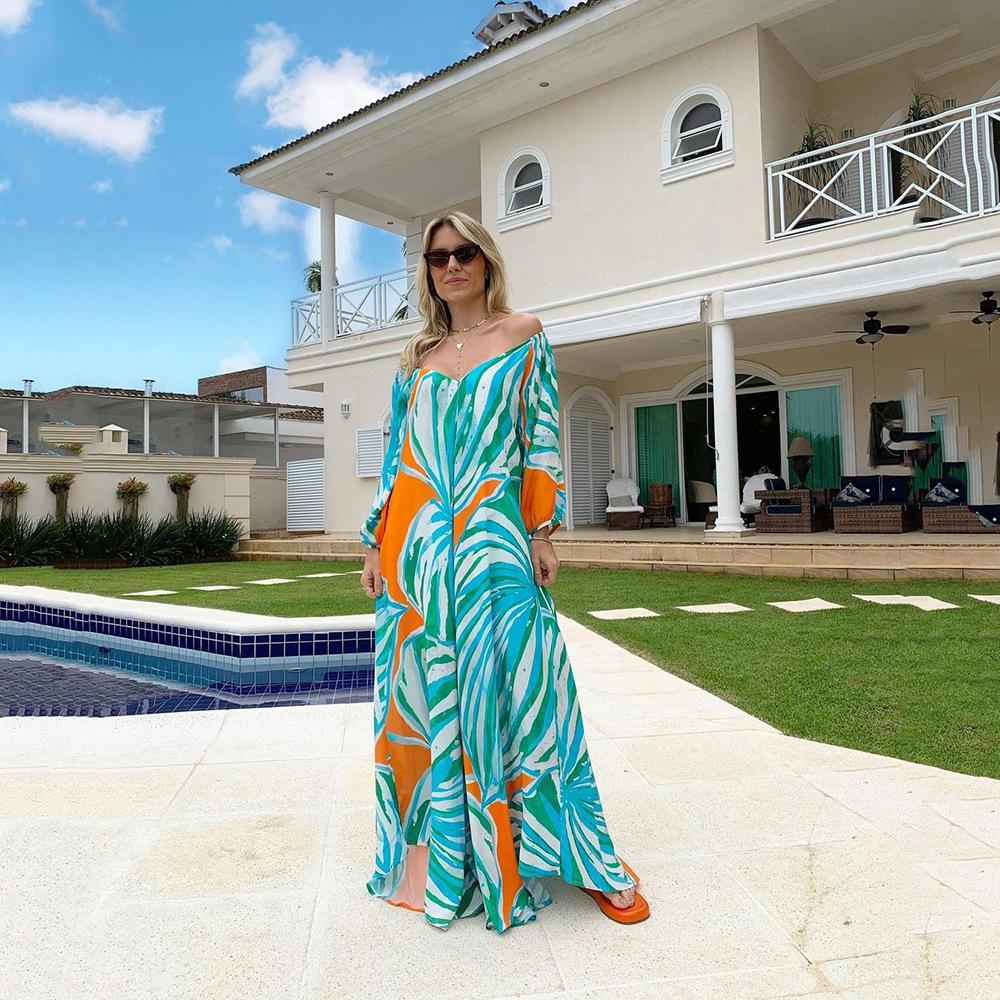 

2025 новая весенне-летняя женская одежда однотонное плечо с длинными рукавами шифоновое длинное платье темпераментное платье с принтом XXL