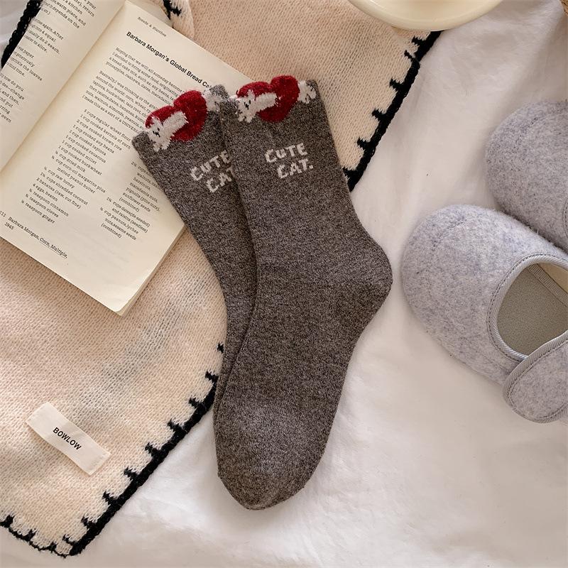 Heel Big Cat Socks, Women's Autumn and Winter Woolen Women's Socks, Thickened Warm Long Socks, Fluffy Mid-calf Socks