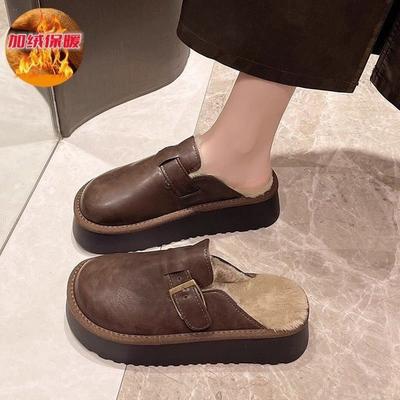 Lazy Hairy Thick-soled Birkenstock Cotton Shoes, Autumn and Winter Models, Wear Warm Home Half-drag Cotton Shoes
