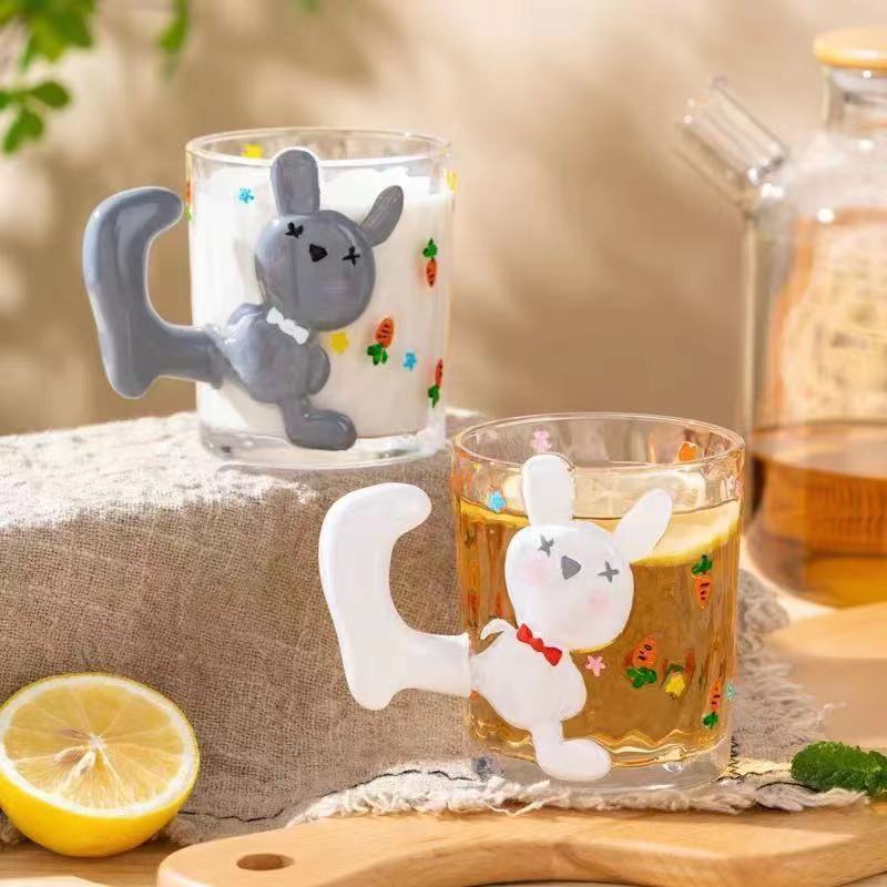 Rabbit Hand-painted Glass Cup High Appearance Value Household Juice Water Painted Drinking Glasses  Ice Coffee Cup Drinkware