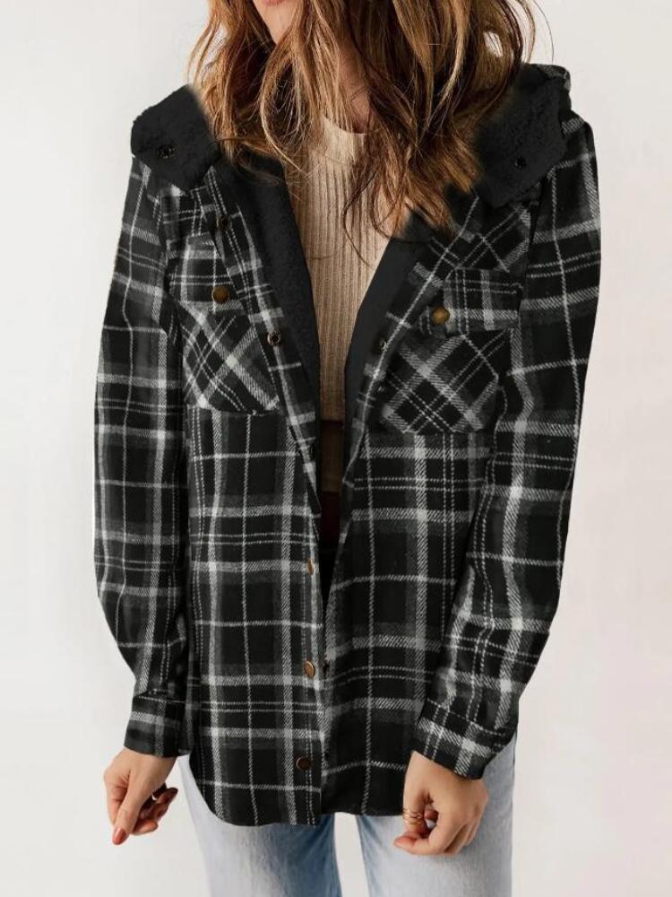 Autumn and winter women's plaid jacket long sleeved hairy hooded jacket with pockets