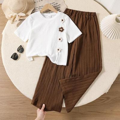 Set de primăvară/vară pentru fete cu flori 3D – Top dulce cu mânecă scurtă și pantaloni lungi în stil coreean