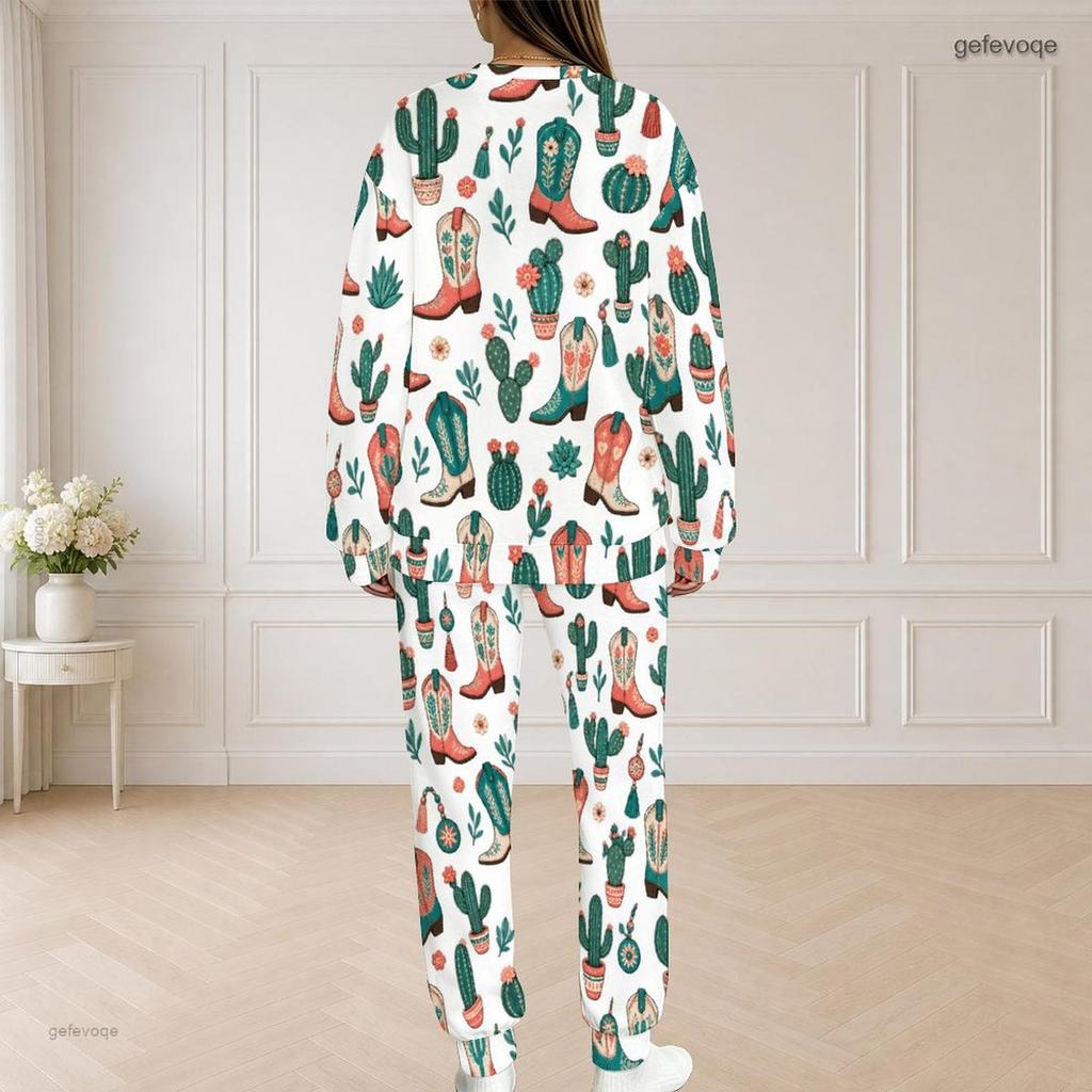Women Plus Size White Horse Football Printed Round Neck Long Sleeve Top And Pants Two Piece Set