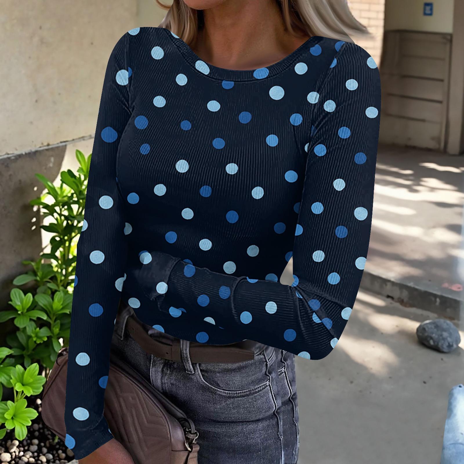Women s Casual Long Sleeve Ribbed Top Polka Dot Print Crew Neck Slim Fit Stretchy Knit Shirt XL