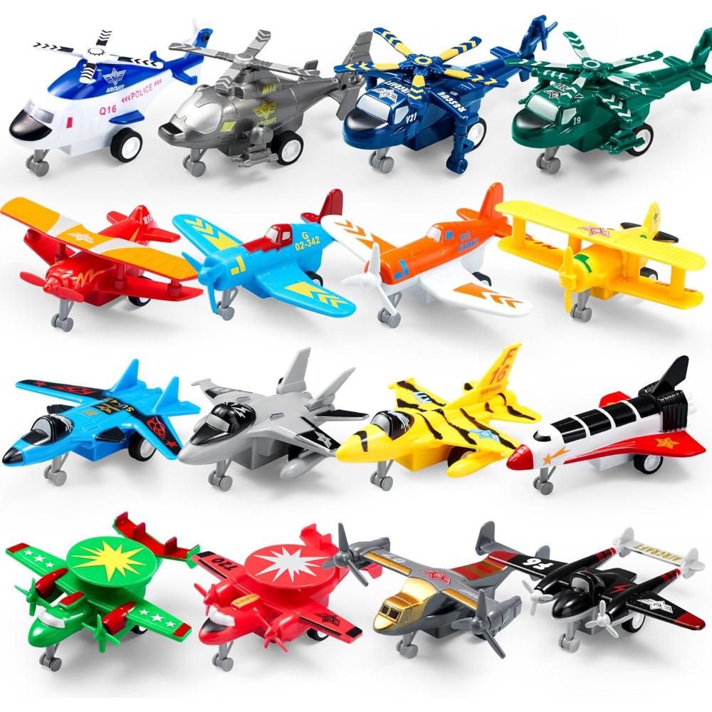 16 Pcs Pull Back Airplane Toys, Boys Plane Playset, Aircraft Incl Helicopter, Fighter, Bomber, Gifts for Toddler Kids 3+ Years Old