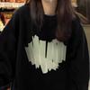 Ladies Pattern Print Black Retro Sweatshirt for Women O-neck Long Sleeve Loose Casual Fleece Pullover Hoodie Top