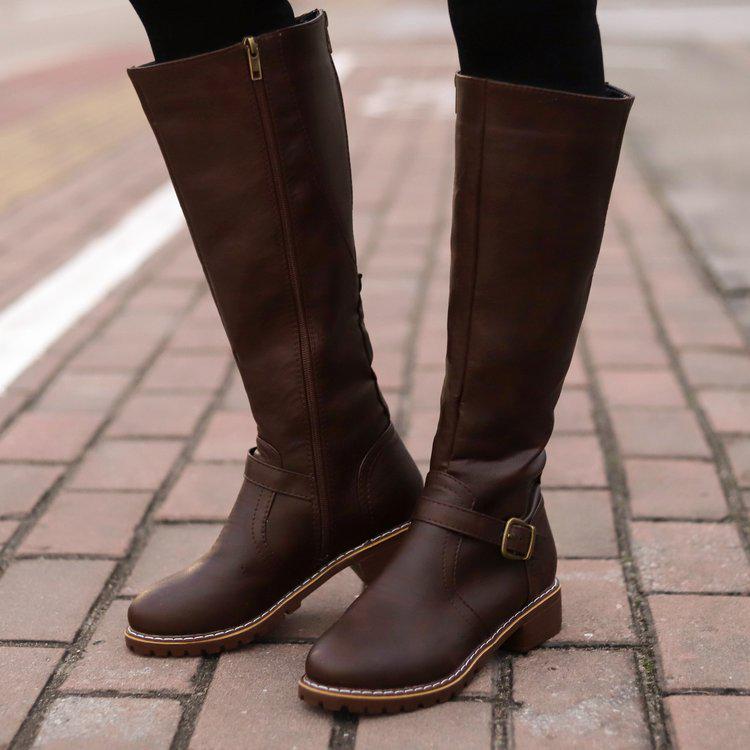 Autumn And Winter Flat-Bottomed Knight Women'S Leather Boots European And American Long Boots Belt Buckle Large Size High Boots