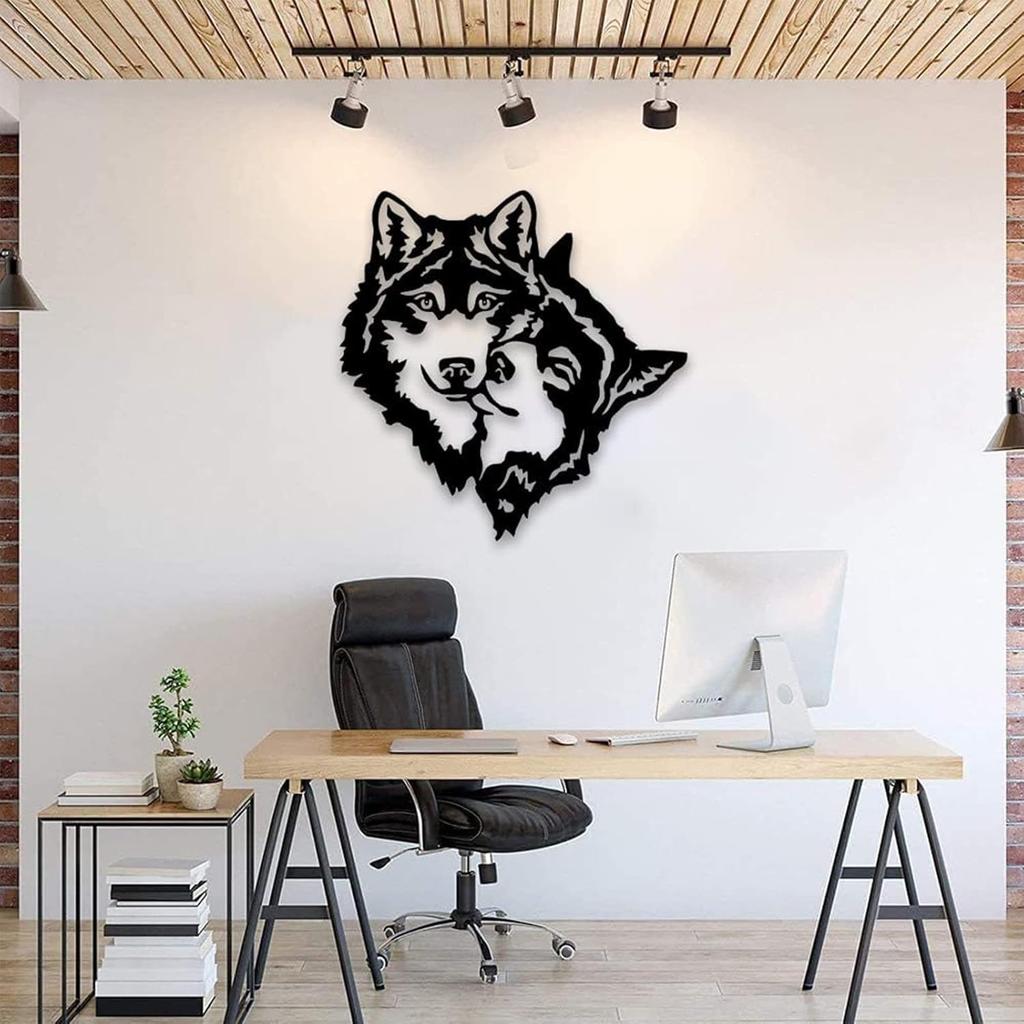 AMNGYOOK Metal Wolf Wall Art, Cute Animal Silhouette Sculpture Iron Animal Art Wall Hanging For Living Room Bedroom Kitchen Decor (Wolf Head)