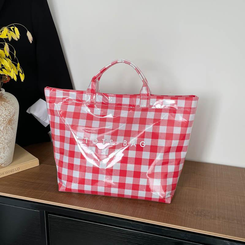 

Classic Clear PVC Check Tote Bag Plaid Pattern Letter Print Lightweight Velcro Closure Large Capacity for Daily Commute Shopping