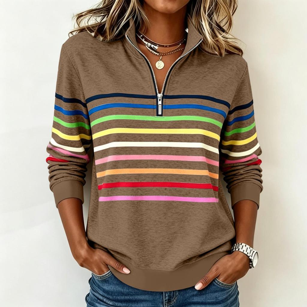 Damen Gestreiftes Reißverschluss-Vorderteil Reverskragen Langarm Sweatshirt Lässiger Pullover