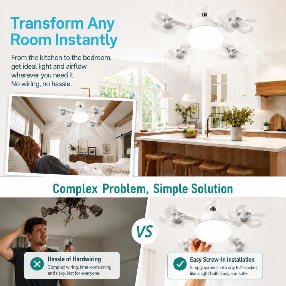 2-in-1 lamp fan light, spiral ceiling fan with controller (3 heads) | LED ceiling fan with foldable blades, 3 color temperatures, quiet breeze, 1 unit
