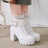 Women Mid Calf Boots And Winter Fashion Pointed Toe Square Heel Lace Up Women Leather Boot