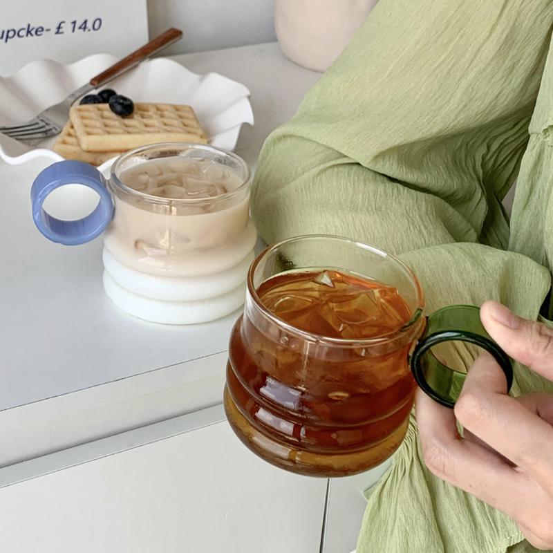 Korean-style Ins Glass Coffee Cup Ring Handle Drink Milk Cup Household Transparent Simple Glass Breakfast Cup