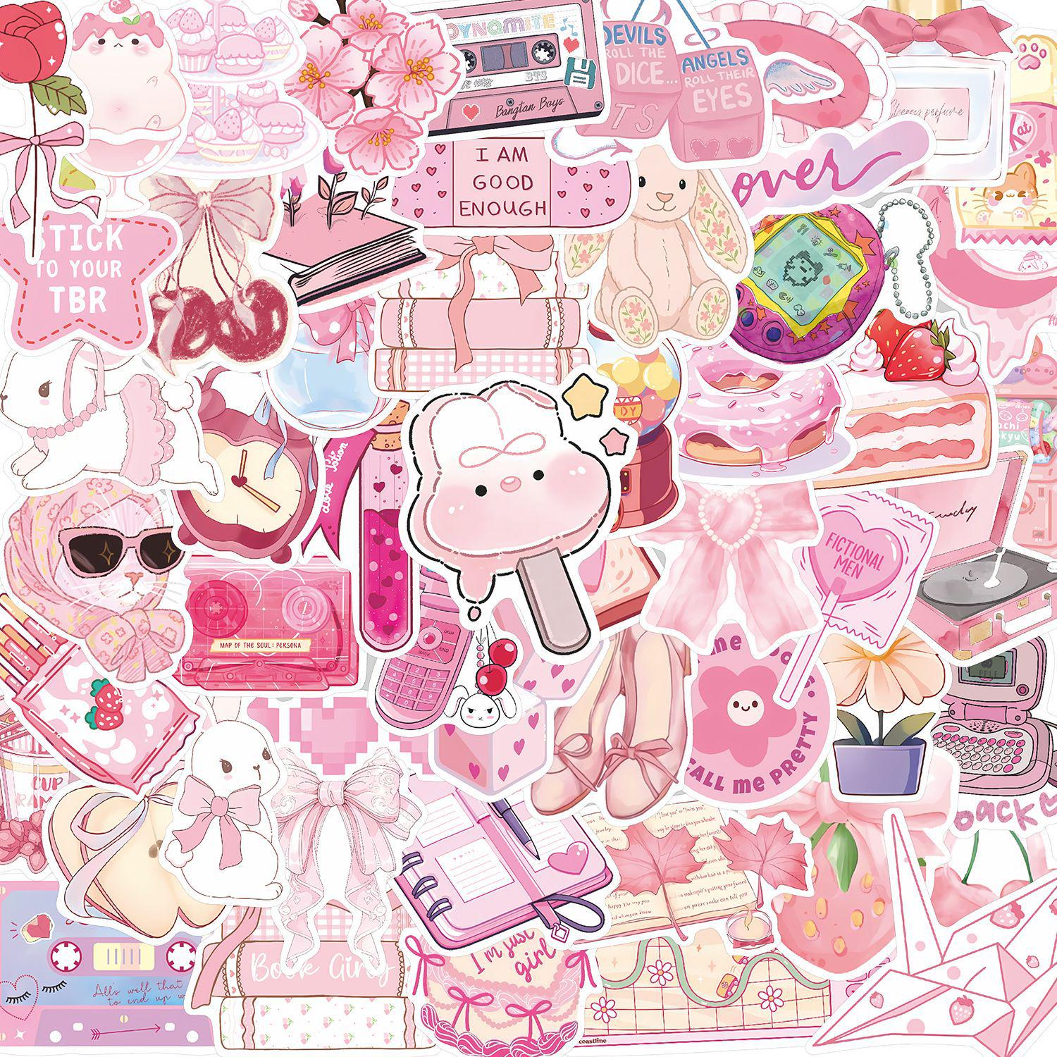 54 Cute Pink Heart Stickers: Retro, Sweet, Cool Journaling Gudetama Decorative Set C12-005