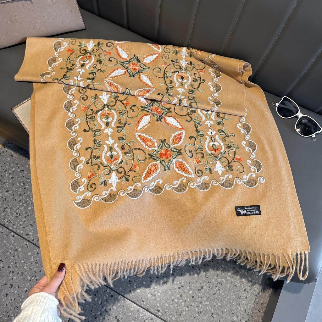 Women'S Luxury Winter Fashion Scarf Thick Travel Shawl Wrap Embroidered Flower Warm Neckerchief Poncho Pashmina Bufanda