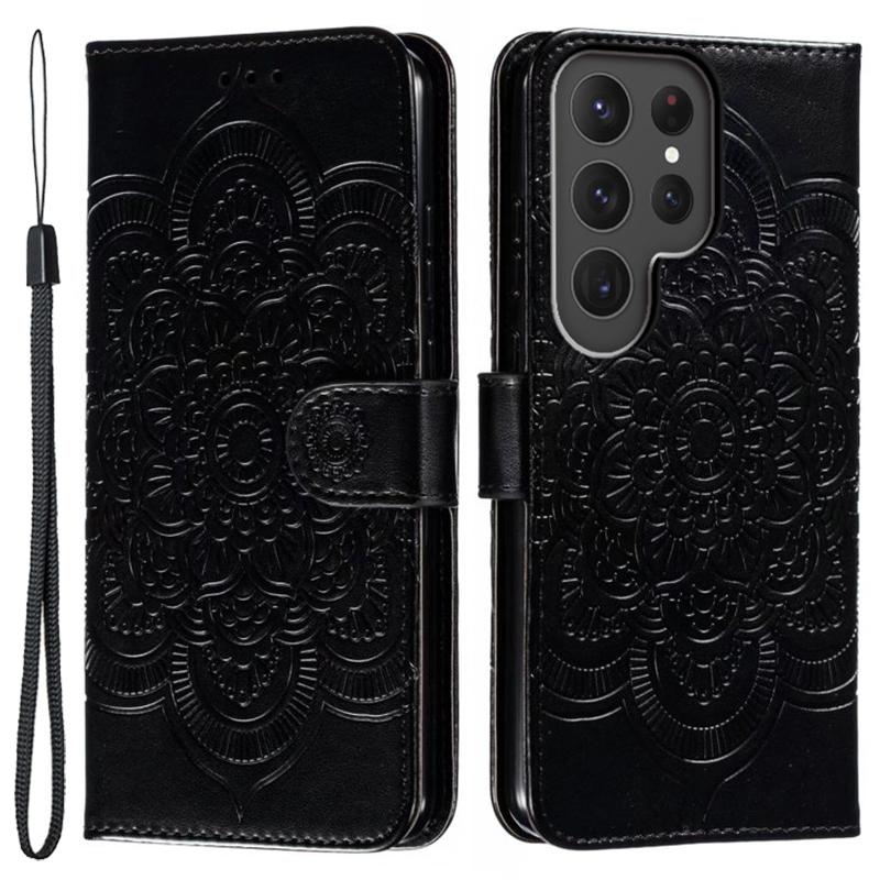 

Phone Shell Case For Samsung Galaxy S23 Ultra,Imprinting Mandala Flower Flip PU Leather Stand Protective Cover Black