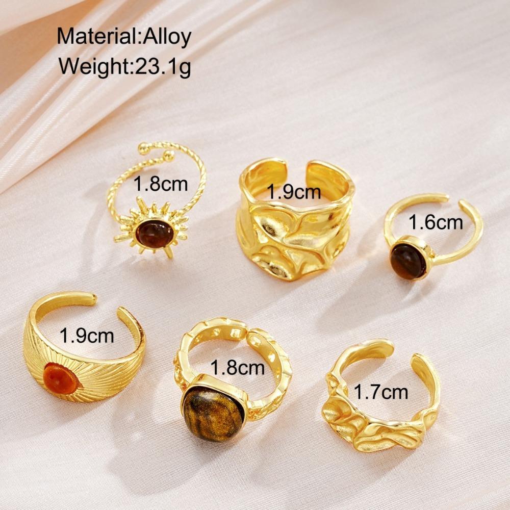 6pcs Set Trendy Retro Maillard Tiger Eye Stone Gold Color Irregular Liquid Metal Opening Ring for Women Personality Jewelry Sets