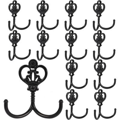 12Pcs Matte Black Crown Double Prong Wall Hooks, Heavy Duty Vintage Zinc Alloy Coat Towel Hooks With 24 Screws For Entryway Bathroom Kitchen Bedroom