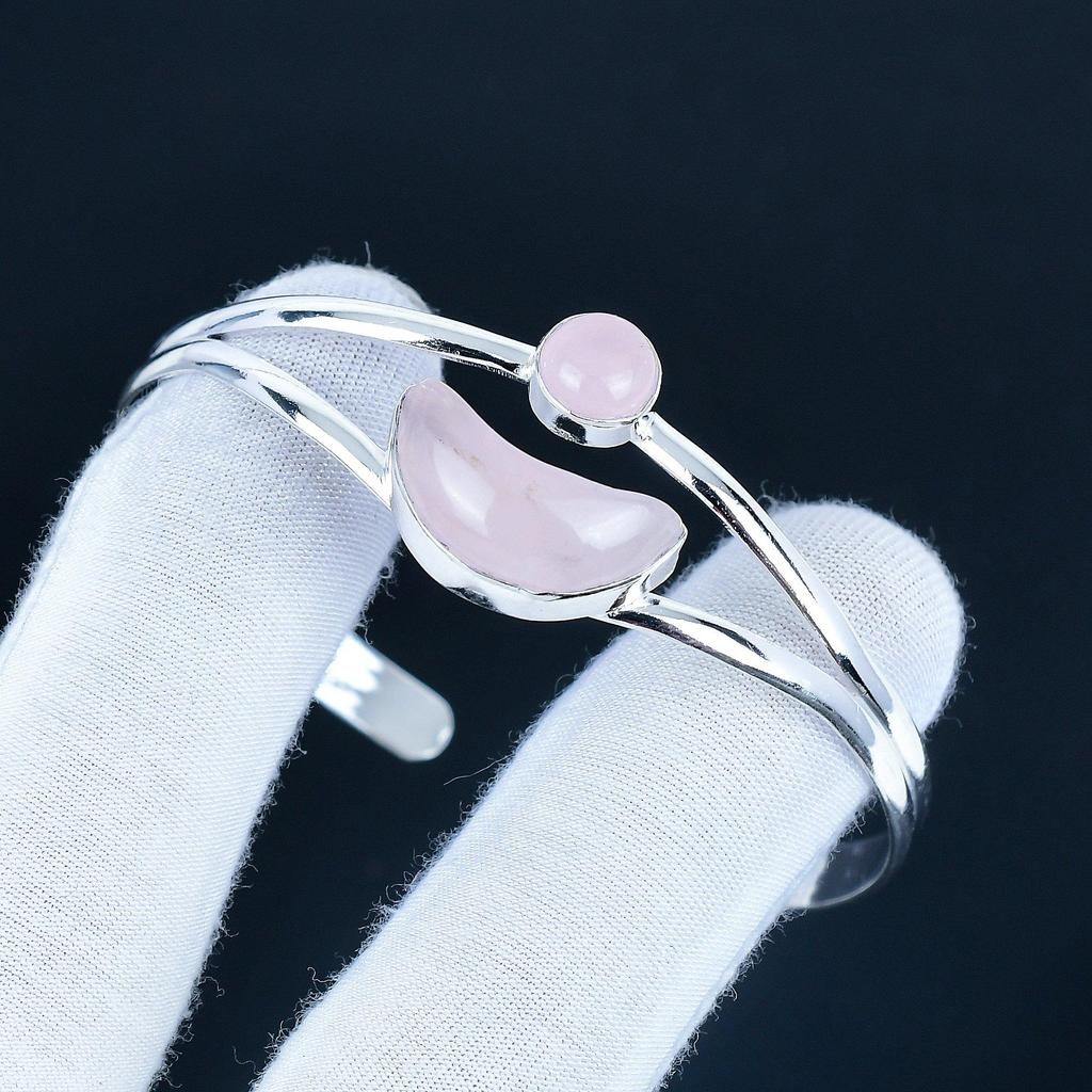 Natural Rose Quartz Gemstone Handmade Cuff Bangle 925 Sterling Silver Cuff Bangle, Rose Quartz Bracelet For Wife, Unisex Bangle, Gift For Love