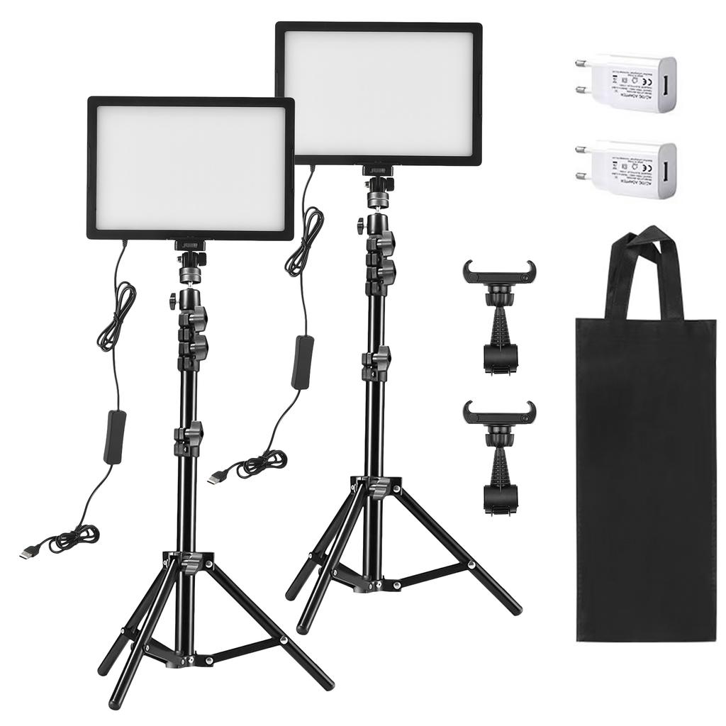 2 Packs LED Video Light Kit 15W LED Light Panel with 1.2M Metal Light Stands Phone Holders