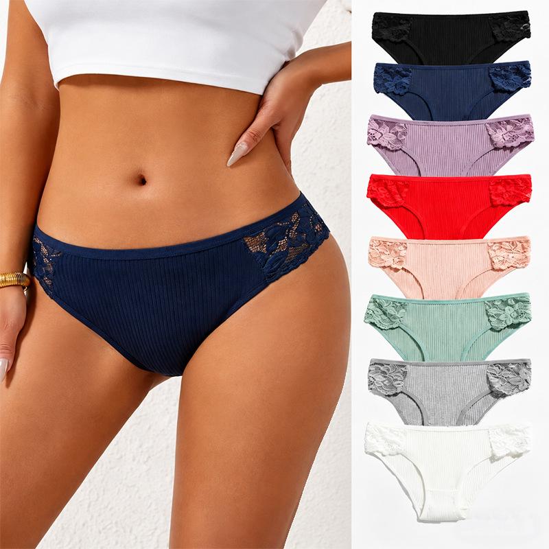 Women's Spring and Summer New Cotton Pure Color Thread Lace Breathable Double Layer Low Waisted Briefs