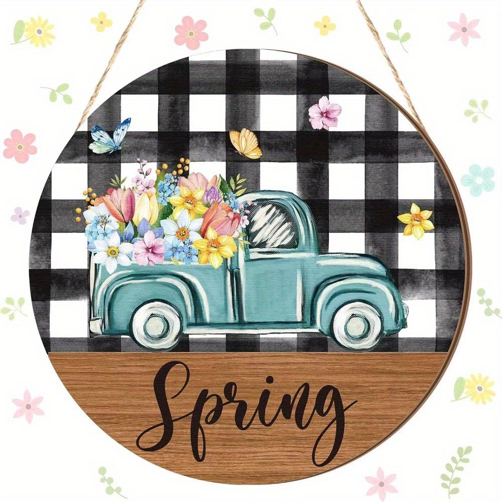 1pc 2d Flat Retro Round Wooden Sign Flower Market Flower Truck, Novel and Interesting Garage Bar Kitchen Home Family Friend Gift Wooden Sign- 20cm