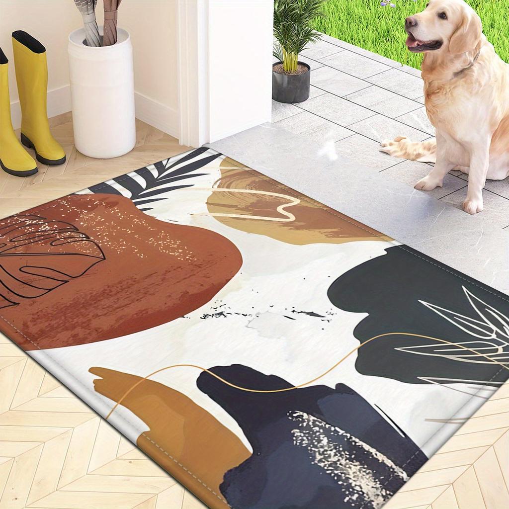 1pc Modern Art Style Abstract Plant Pattern Doormat, Machine Washable, Polyester Fabric, Suitable for Bedroom and Living Room