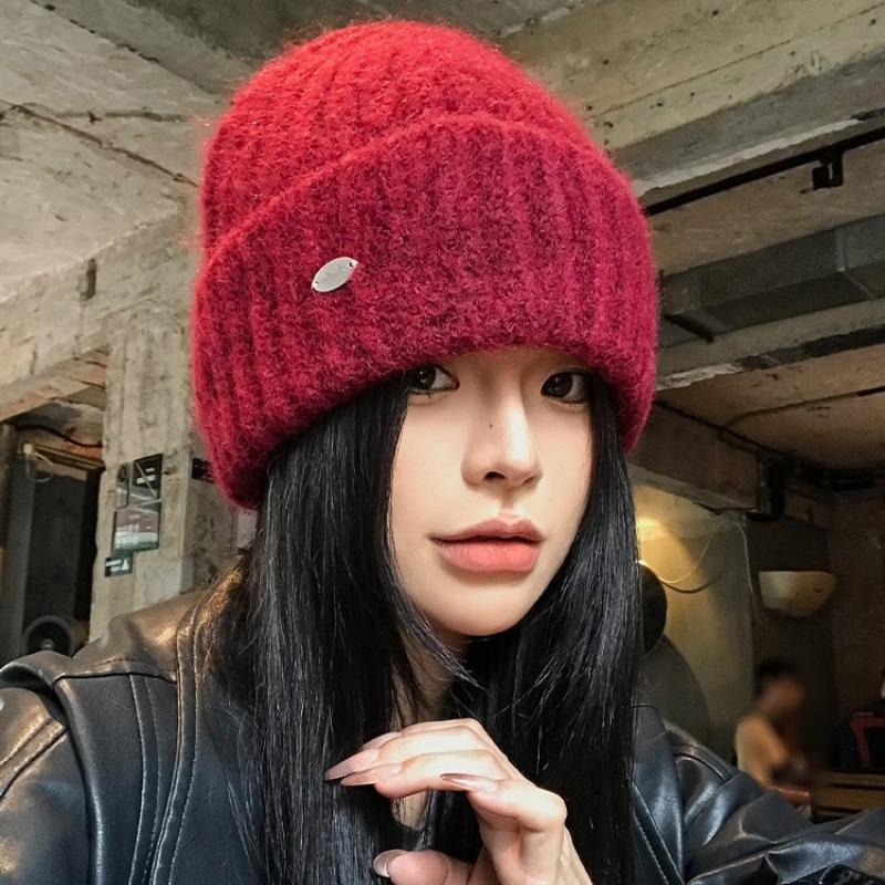 Blue wool hat women's autumn and winter versatile face small knitted hat big head circumference cold and warm bag head hat