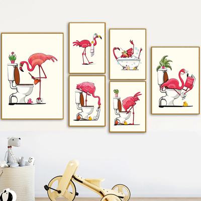 Lustige rosa Flamingo-Kopf in der Toilette Poster Leinwand Malerei Nordic Tier Wand Kunst Bild für moderne Badezimmer Home Dekoration