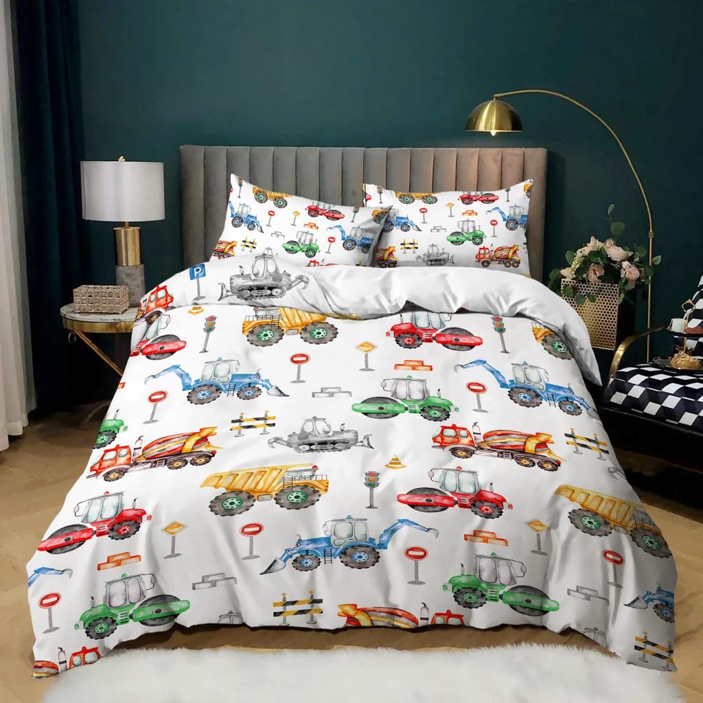Junge Baufahrzeug Dreiteiliger Bettbezug Digitaldruck Bettwäscheset Bagger Bettdecke